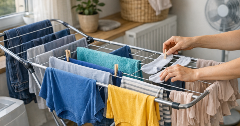 arrange clothes on an airer